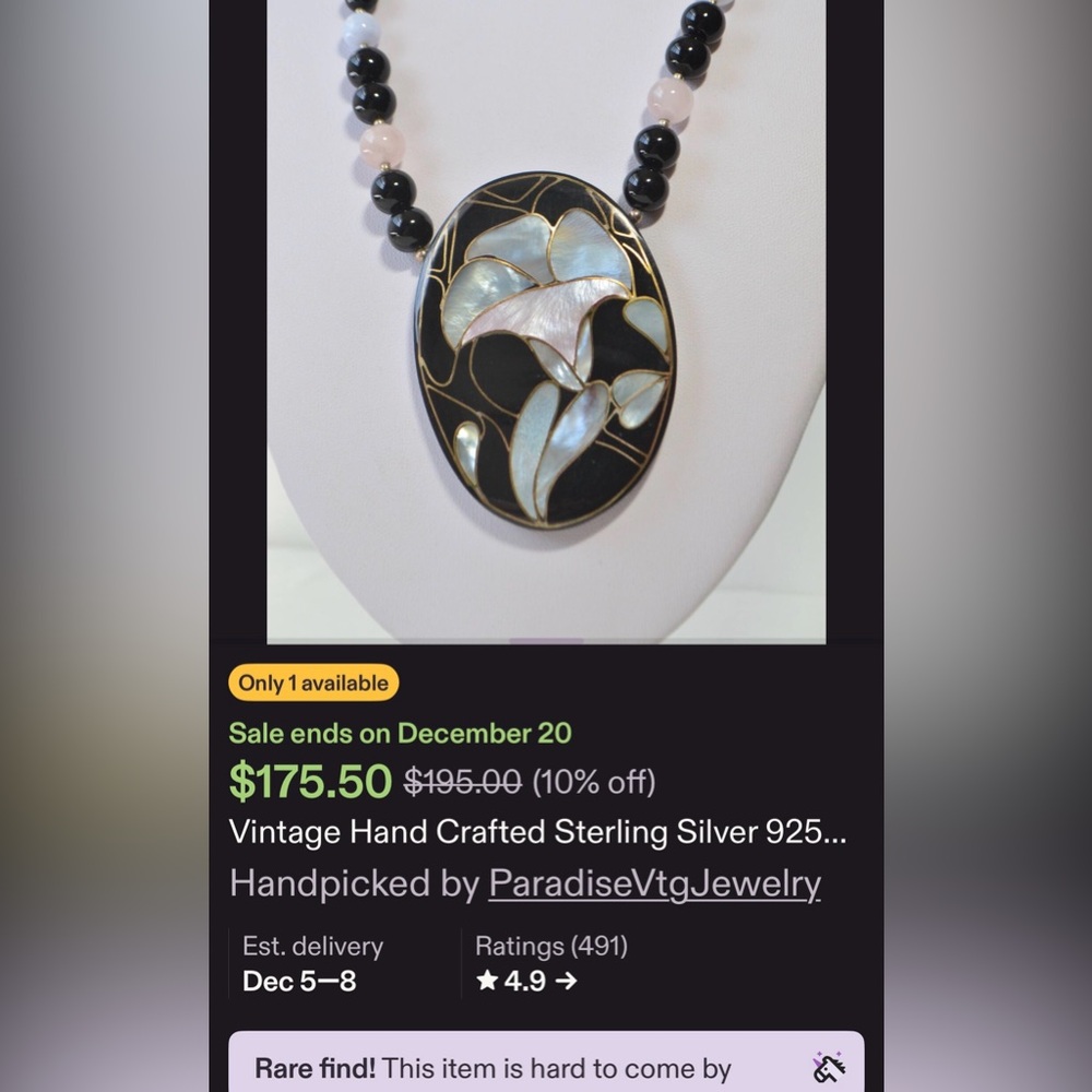 VTG Sterling 925 MOP Inlay Pink Jade BLK Onyx Agate Bead Designer Necklace - Picture 11 of 12